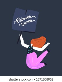 Happy International Woman Day Congratulation.Jumping Beautiful Strong Brave Girl on Meeting Hold Poster.Empower Women.Free Confident Lady on Parade.Feminine,Female Empowerment.Flat Vector illustration