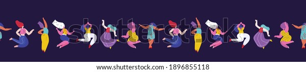 Happy International Woman Day Endless\
Pattern.Feminism concept.Confident Dancing Girls.Eight of March\
Congratulation. Protect Free Confident Women. Feminine,Female\
Empowerment Flat Vector\
Illustration