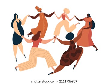 Feliz Día Internacional de la Mujer. Mujeres confiadas bailando en un círculo femenino juntas. Celebración del 8 de marzo. Proteger A Las Mujeres De Libre Confianza. Ilustración de vectores planos de empoderamiento femenino