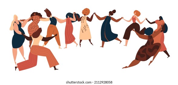 Happy International Woman Day Party.Confident Women Dancing in Female Circle Together.Eight of March Celebration. Protect Free Confident Women. Feminine, Female Empowerment Flat Vector Illustration