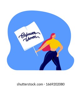 Happy International Woman Day.Feminism concept. Girl Walking Towards Holding Text Poster.Eight of March Congratulation. Free Confident Women. Feminine idea,Female Empowerment.Flat vector illustration