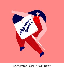 Happy International Woman Day.Feminism concept.Bright Flat Style Jump Girl Hold Text Poster.Eight of March Congratulation.Free Confident Women.Feminine idea,Female Empowerment.Flat vector illustration
