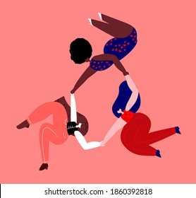 Happy International Woman Day.Feminism concept.Bright Different Dancing Girls Holding Hands.Eight of March Congratulation.Free Confident Women.Feminine idea,Female Empowerment.Flat vector illustration