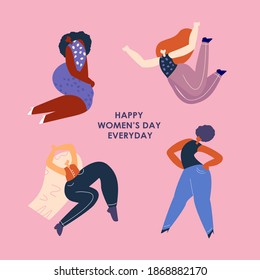 Happy International Woman Day.Feminism concept.Bright Beauty Different Dance Girls in Various Poses.Eighth March Congratulation. Free Confident Women.Feminine idea,Female Empowerment.Flat Illustration