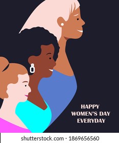 Happy International Woman Day.Feminism concept.Bright Beautiful Different Girls Face Poster.Eighth of March Congratulation.Broadsheet Free Confident Women.Feminine idea,Female Empowerment Illustration