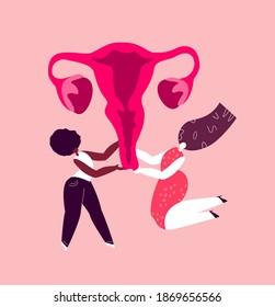 Happy International Woman Day.Feminism concept.Bright Beauty Different Girls Support Womb Uterus.Anatomical Female Ovaries.Vagina Symbol Menstruation. Free Women. Female Empowerment. Flat Illustration