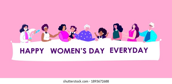 Happy International Woman Day.Feminism concept.Bright Beauty Different Women with Slogan on Meeting.Eighth March Congratulation. Free Confident Girls.Feminine idea,Female Empowerment.Flat Illustration