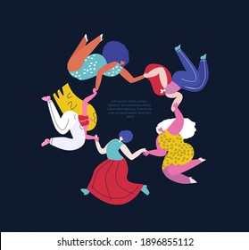 Happy International Woman Day.Feminism concept.Bright Different Dancing Girl Holding Hand in Circle.Eight of March Celebration.Protect Each Other.Free Confident Women.Feminine Empowerment Illustration