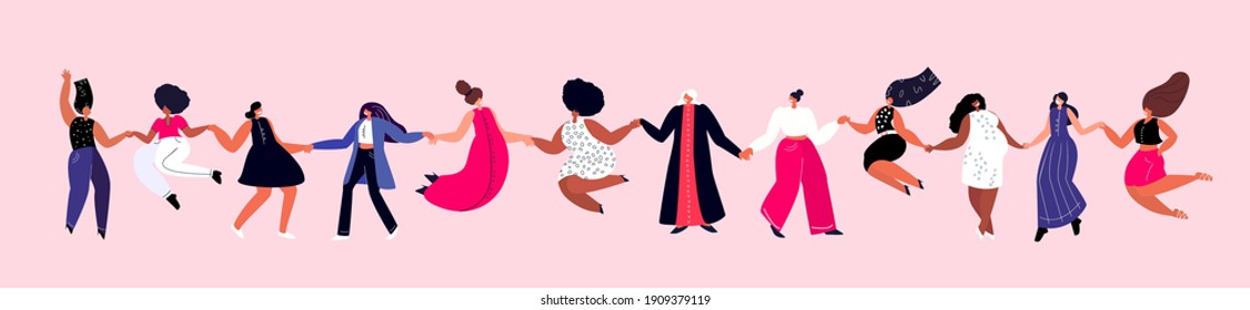 Happy International Woman Day.Feminism concept.Bright Beautiful Different Dancing Girls Holding Hands.Party,Eight of March Celebration. Free Confident Women.Female Empowerment.Vector Flat Illustration