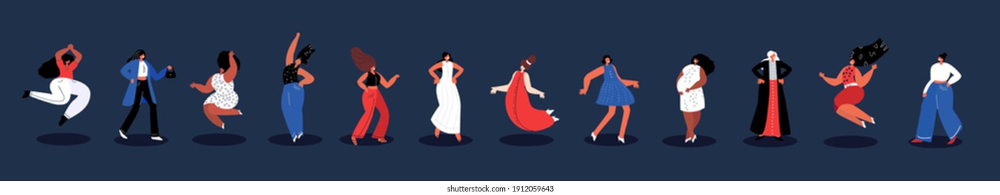 Happy International Woman Day.Feminism concept.Bright Beautiful Different Dancing Girls Holding Hands.Party,Eight of March Celebration. Free Confident Women.Female Empowerment.Vector Flat Illustration