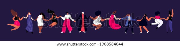 Happy International Woman Day.Feminism\
concept.Bright Beautiful Different Dancing Girls Holding\
Hands.Party,Eight of March Celebration. Free Confident Women.Female\
Empowerment.Vector Flat\
Illustration