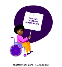 Happy International Woman Day.Feminism concept.Invalid Disabled African Dark Skin Girl in Wheelchair with Poster.Eight of March Congratulation. Free Confident Women. Feminine Empowerment. Illustration