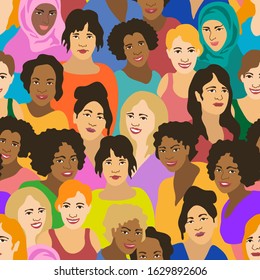 Happy International Women Day card. Seamless pattern with girls of different ages and nationaloties. Sisterhood concept. Template for posters, banners and other designs.