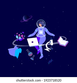 Happy International Women Day Celebrating. Feminism concept.Free happy Cosmonaut in Space. Confident Woman. Opportunity Choose Profession.Feminine idea, Empowerment.Flat Motivation Vector Illustration