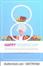 Happy International Women Day Greeting Card With Senior Lady Over Template Background With Beautiful Tulips Flat Vector Illustration