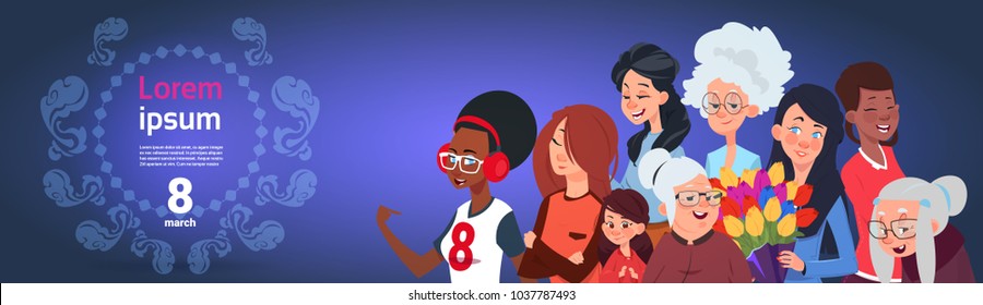 Happy International Women Day Horizontal Banner With Group Of Ladies Holding Flowers And Presents Flat Vector Illustration