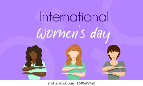 Happy international women's day with 2020 them : Each for Equal. Black, White and Asian women do the each for equal symbol. Purple background and female symbol. Vector illustration , flat design