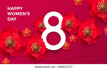 Happy International Women's Day 8 March papercut illustration banner or card. Vector Womens Day background with red 3d paper cut out flowers and number Eight on pink red background. Origami template