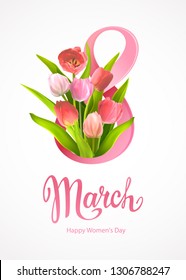 Happy International Women's Day 8 March. Greeting card template with realistic beautiful blooming tulips red and pink colors, green leaves around big number 8 on a light-grey background