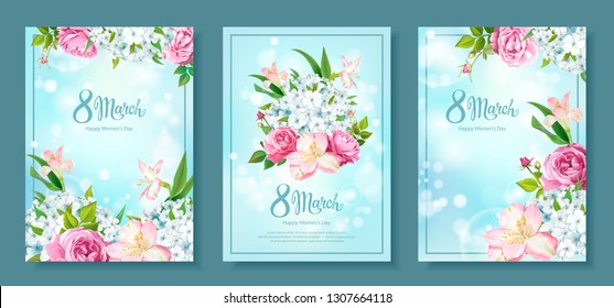 Happy International Women's Day 8 March. Set of three floral backgrounds with blooming flowers of pink Roses, Alstroemeria, light-blue Phloxes, buds, green leaves on pastel sky-blue background