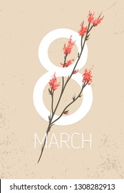 Happy International Women's Day and 8 march. greeting card with spring branch and small red flowers on the light retro background