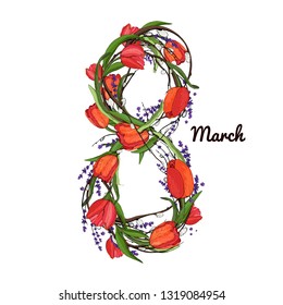 Happy International Women's Day 8 March. Greeting card template with realistic beautiful blooming tulips red and pink colors, green leaves around big number 8 on a white background