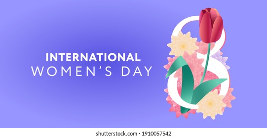 Happy International Womens day. 8 march symbol with red tulip on background. Vector flower spring illustration