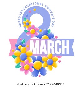 Happy International Womens Day 8 March greeting with number 8, bright flowers and congrats text. Design element for congratulation card, banner, flyer etc. Vector illustration.