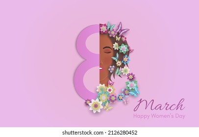 Happy International Women's Day 8 March with frame of Black woman, flowers, and butterflies. Paper art style.