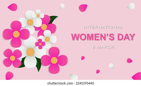 Happy international women's day 8 march floral decoration on pink background. Greeting card for women's day. Vector illustration. EPS 10.