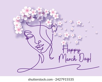 Happy International Women's day 8 March card. Abstract portrait of woman face with flowers. Continuous one line drawing with paper cut flowers. Vector illustration. Hand drawn
