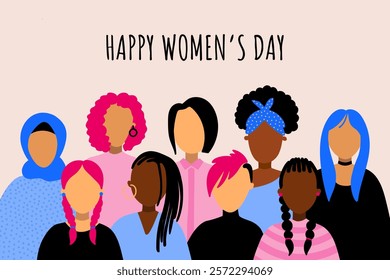 Happy International Women's day, 8 March vector graphic design concept. Female diverse faces, different ethnicity and hairstyle. Women empowerment movement banner or poster.