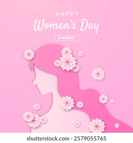 Happy International Womens Day 8 march with flower paper cut style. Suitable for banner, greeting card, flyer.