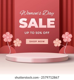 Happy International Womens Day 8 march with paper art style, elegant podiumm, and cute gift box. Suitable for banner, flyer and advertising.