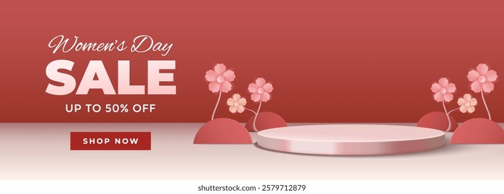 Happy International Womens Day 8 march with paper art style, elegant podiumm, and cute gift box. Suitable for banner, flyer and advertising.