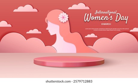 Happy International Womens Day 8 march with paper art style, elegant podiumm, and cute gift box. Suitable for banner, flyer and advertising.