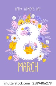 Happy International Women's day 8 March. Banner or greeting card template with number eight with lace edge and a lot of colorful spring garden flowers and wildflowers. Cartoon Vector illustration