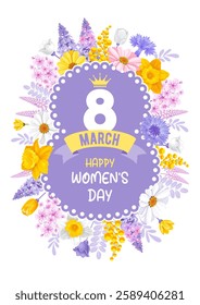 Happy International Women's day 8 March. Banner or greeting card template with number eight with lace edge and a lot of colorful spring garden flowers and wildflowers. Cartoon Vector illustration