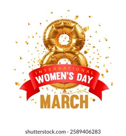 Happy International Women's day 8 March. Banner or greeting card template with gold sparkling balloon in shape of number eight, red ribbon with greeting text, isolated on white. Vector illustration