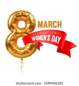 Happy International Women's day 8 March. Banner or greeting card template with gold sparkling balloon in shape of number eight, red ribbon with greeting text, isolated on white. Vector illustration