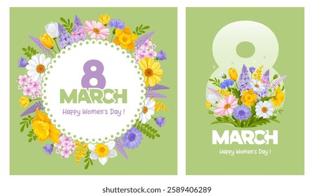 Happy International Women's day 8 March. Banner or greeting card templates set with number eight and a lot of colorful spring garden flowers and wildflowers. Cartoon Vector illustration