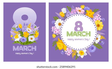 Happy International Women's day 8 March. Banner or greeting card templates set with number eight and a lot of colorful spring garden flowers and wildflowers. Cartoon Vector illustration