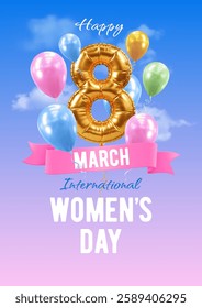 Happy International Women's day 8 March. Banner or greeting card template with 3d balloons, gold foil balloon in shape of number eight, pink ribbon on sky background with clouds. Vector illustration