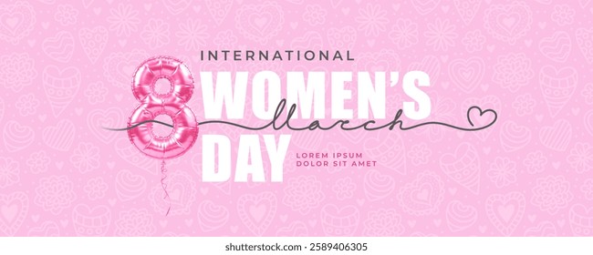 Happy International Women's day 8 March. Greeting banner or card with 3d realistic pink balloon in shape of number eight, calligraphy text handwritten by continuous line. Vector illustration