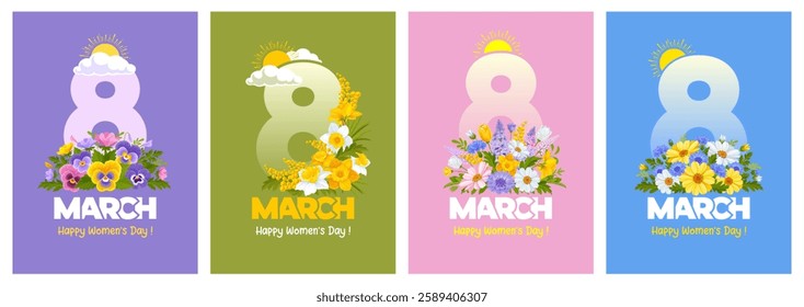 Happy International Women's day 8 March. Banner or greeting card templates set with number eight and a lot of colorful spring garden flowers and wildflowers. Cartoon Vector illustration