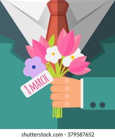 Happy International Women's Day, 8 march  postcard. Businessman  holding bouquet of pink tulp and white flowers and  giving a flowers Flat design congratulation. Vector illustration