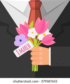 Happy International Women's Day, 8 march  postcard. Businessman  holding bouquet of pink tulp and white flowers and  giving a flowers Flat design congratulation. Vector illustration