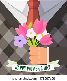 Happy International Women's Day, 8 march  postcard. Businessman  holding bouquet of pink tulp and white flowers and  giving a flowers Flat design congratulation. Vector illustration