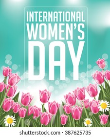 Happy International Women's Day - 8 March holiday background with tulips, daisies and blurred bokeh background design template. EPS 10 vector illustration.