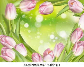 Happy International Womens Day - 8 March holiday background with tulips and blurred bokeh background design template. EPS 10 vector file included